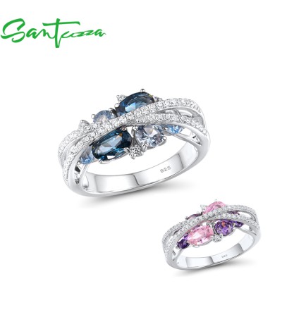 SANTUZZA Rings 925 Sterling Silver Blue Purple Pink Spinel Cubic Zirconia Jewelry - Blue Stones/US 5