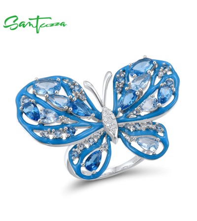 SANTUZZA Pure 925 Sterling Silver Rings For Women Gorgeous Green Blue Spinel Butterfly Handmade Enamel Ring Unique Fine Jewelry - green/6