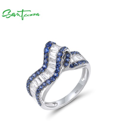 SANTUZZA Silver Rings For Women 925 Sterling Silver Sparkling Synthetic Blue Spinel White CZ Elegant Wave Design Fine Jewelry - US 6