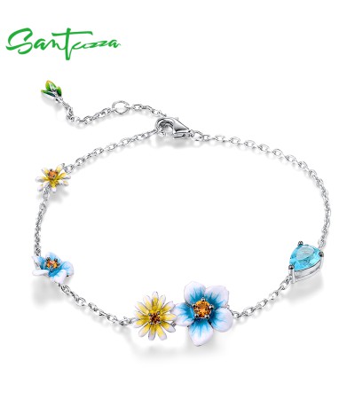 SANTUZZA 925 Sterling Silver Bracelet Blue Yellow Blooming Flowers Adjustable Jewelry Enamel