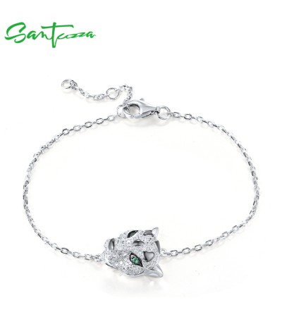 SANTUZZA 925 Sterling Silver Bracelet Leopard Panther Green Spinel White Zirconia Adjustable Jewelry