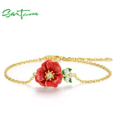 SANTUZZA 925 Sterling Silver Adjustable Bracelet Red Enamel Flower Jewelry