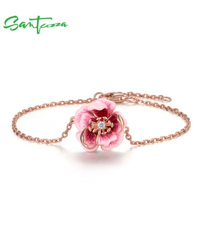 SANTUZZA 925 Sterling Silver Adjustable Bracelet Pink Enamel Flower Jewelry