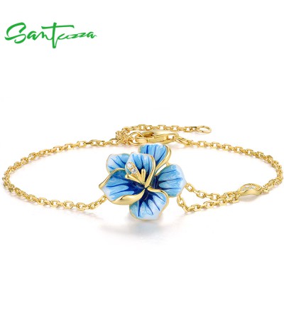 SANTUZZA 925 Sterling Silver Adjustable Bracelet Blue Enamel Flower Jewelry