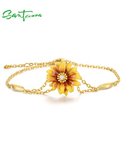 SANTUZZA 925 Sterling Silver Adjustable Bracelet Yellow Enamel Flower Jewelry