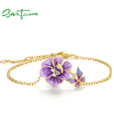 SANTUZZA 925 Sterling Silver Adjustable Bracelet Purple Enamel Flower Jewelry