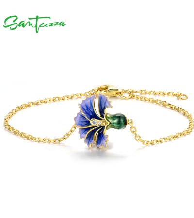 SANTUZZA 925 Sterling Silver Adjustable Bracelet Unique Blue Enamel Flower Jewelry