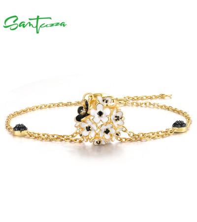 SANTUZZA 925 Sterling Silver Bracelet White Black Flower Ball Enamel Adjustable Jewelry 