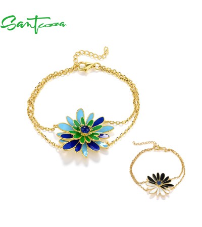 SANTUZZA  925 Sterling Silver Bracelet Green&Blue Flower Enamel Adjustable Chic Gifts Fine Jewelry  - Black  Enamel