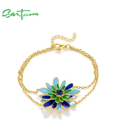 SANTUZZA  925 Sterling Silver Bracelet Green&Blue Flower Enamel Adjustable Chic Gifts Fine Jewelry  - Green  Enamel