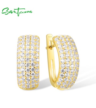 SANTUZZA 925 Sterling Silver Classic Earrings White Cubic Zirconia Latch Back Jewelry - Yellow Gold Plating