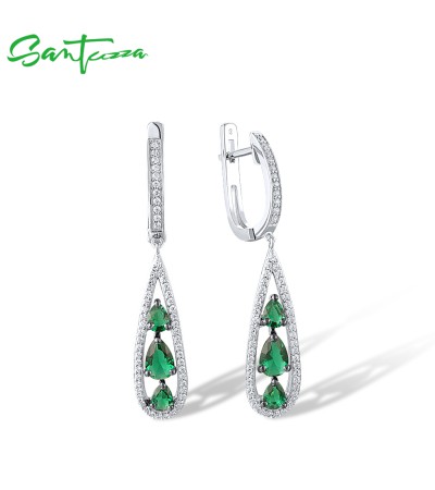SANTUZZA 925 Sterling Silver Drop Earrings White CZ Green Stone Jewelry