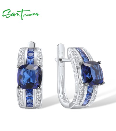SANTUZZA 925 Sterling Silver Latch Back Earrings Blue Glass Blue Nano /White CZ Jewelry