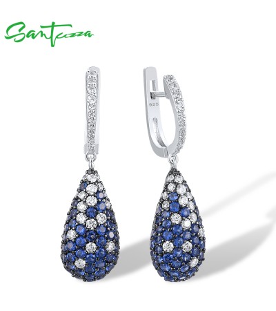 SANTUZZA 925 Sterling Silver Drop Earrings Sparkling Multi Color Gems Oval Fine Jewelry - Blue Stones