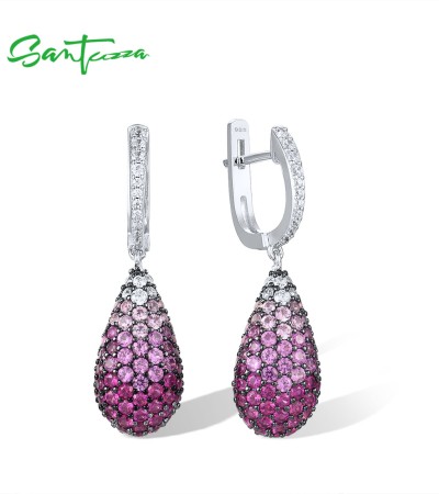 SANTUZZA 925 Sterling Silver Drop Earrings Sparkling Multi Color Gems Oval Fine Jewelry - Pink and Red Stones