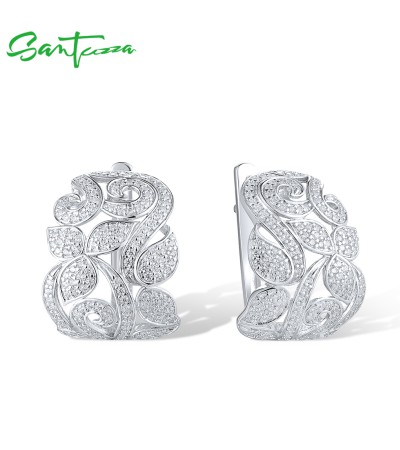 SANTUZZA 925 Sterling Silver Earrings White CZ  Flower Fine Jewelry