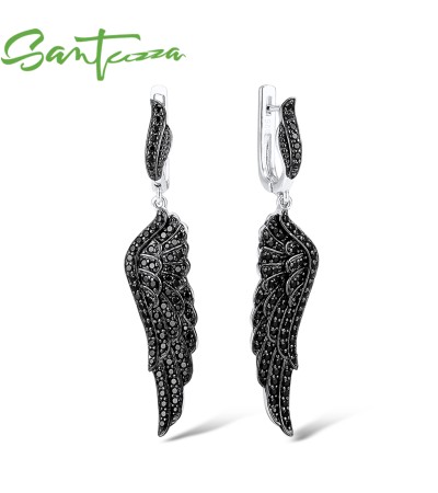 SANTUZZA 925 Sterling Silver Earrings Black Spinel Wing Dangling Fine Jewelry