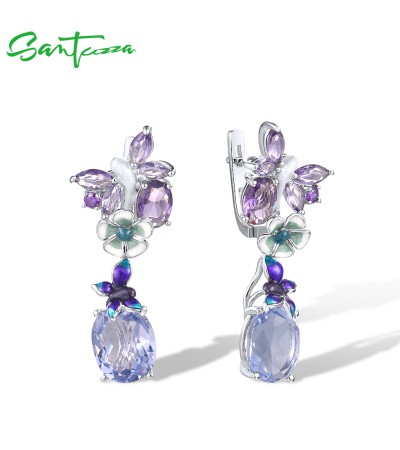 SANTUZZA 925 Sterling Silver Pierce Earrings Sparkling Purple Butterfly & Flower Elegant Jewelry