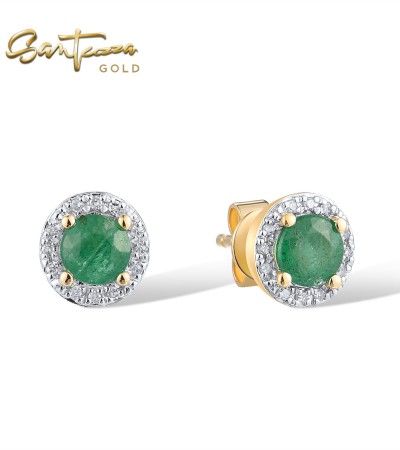 SANTUZZA 14K 585 Yellow/ Rose Gold Earrings Round Emerald/ Blue Sapphire/ Ruby Diamonds Stud Earrings Fine Jewelry - Emerald/Yellow Gold/Butterfly Lock