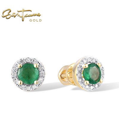 SANTUZZA 14K 585 Yellow/ Rose Gold Earrings Round Emerald/ Blue Sapphire/ Ruby Diamonds Stud Earrings Fine Jewelry - Emerald/Yellow Gold/Screw Lock