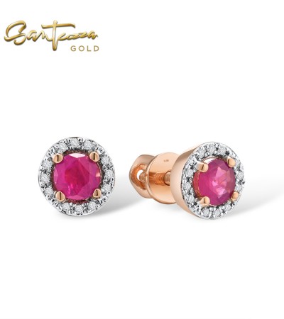 SANTUZZA 14K 585 Yellow/ Rose Gold Earrings Round Emerald/ Blue Sapphire/ Ruby Diamonds Stud Earrings Fine Jewelry - Ruby/Rose Gold/Screw Lock