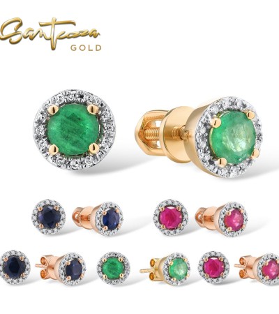 SANTUZZA 14K 585 Yellow/ Rose Gold Earrings Round Emerald/ Blue Sapphire/ Ruby Diamonds Stud Earrings Fine Jewelry - Blue Sapphire/Rose Gold/Butterfly Lock