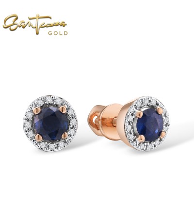 SANTUZZA 14K 585 Yellow/ Rose Gold Earrings Round Emerald/ Blue Sapphire/ Ruby Diamonds Stud Earrings Fine Jewelry - Blue Sapphire/Rose Gold/Screw Lock