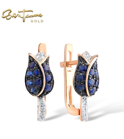 SANTUZZA 14K 585 Rose Gold Earrings Diamond Blue Sapphire Tulip Fine Jewelry