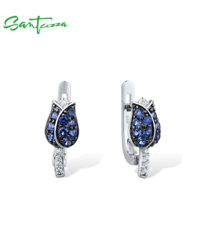 SANTUZZA 925 Sterling Silver Earrings For Women Silver Blue Tulip Cubic Zirconia Jewelry
