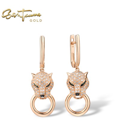 SANTUZZA 14K 585 Rose Gold Leopard Earrings Emerald Diamond Fine Jewelry