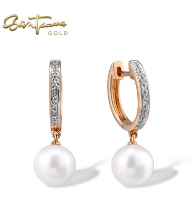 SANTUZZA 14K 585 Rose Gold Earrings Diamond Fresh Water Pearl Fine Jewelry