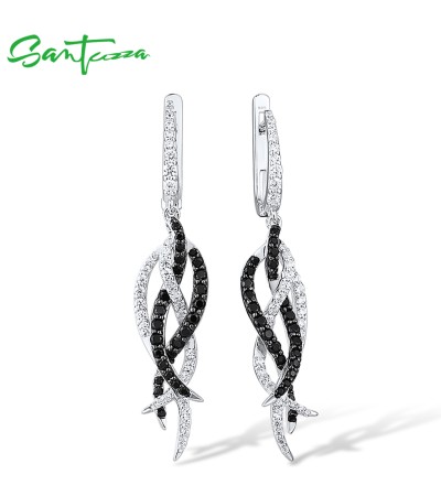 SANTUZZA Earrings  925 Sterling Silver Black Spinel White Cubic Zirconia Jewelry