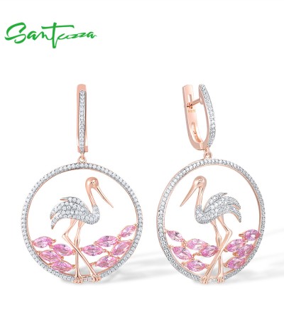 SANTUZZA 925 Sterling Silver Earrings Pink Stones White CZ Flamingo Earrings Animal Jewelry
