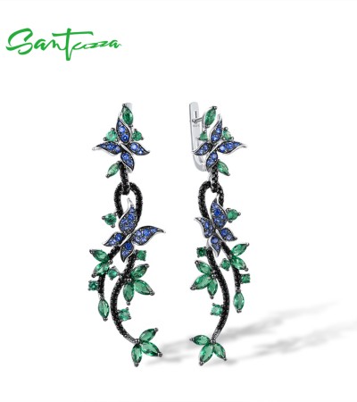 SANTUZZA 925 Sterling Silver Drop Earrings Green Black Spinel Blue CZ Butterfly Leaf Earrings Jewelry