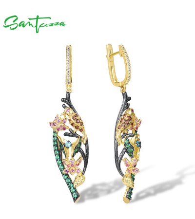 SANTUZZA 925 Sterling Silver Earrings Colorful Stones Bird Flower Dangling Earrings Jewelry