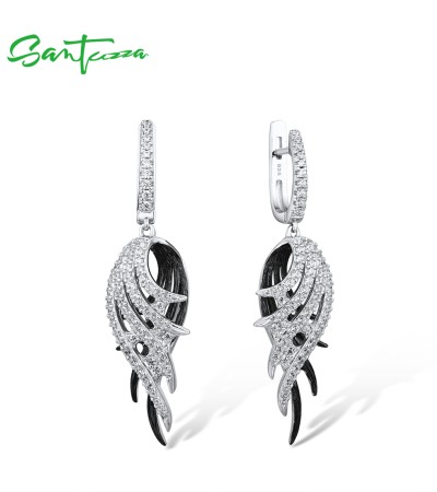 SANTUZZA 925 Sterling Silver Drop Earrings Black White Feather Fine Jewelry