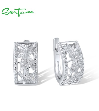 SANTUZZA 925 Sterling Silver Earrings White Cubic Zirconia Bamboo Leaf Jewelry