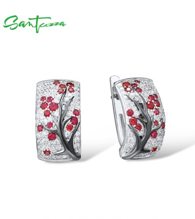 SANTUZZA 925 Sterling Silver Earrings Red Green Tree White Cubic Zirconia Jewelry - Pink and Red Stones