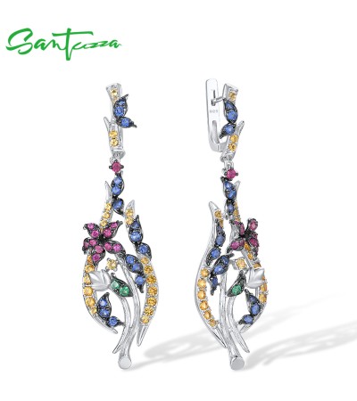 SANTUZZA 925 Sterling Silver Earrings Colorful Stones Butterfly Dangling Earrings Jewelry