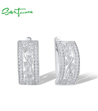 SANTUZZA 925 Sterling Silver Earrings Sparkling White Cubic Zirconia Chic Flower Jewelry