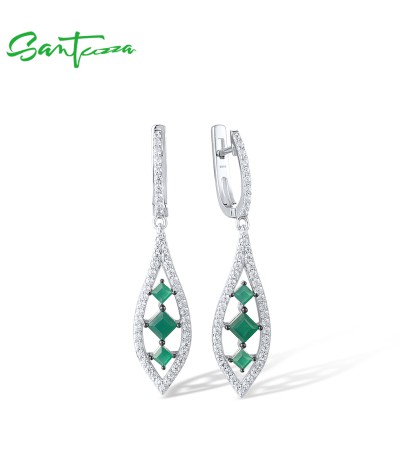 SANTUZZA 925 Sterling Silver Drop Earrings White CZ Green Stone Jewelry