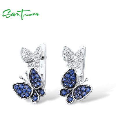 SANTUZZA 925 Sterling Silver Earrings Blue White Cubic Zirconia butterfly Fine Jewelry