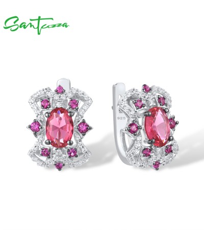 SANTUZZA 925 Sterling Silver Earrings Pink Red Stones White CZ Stud Earrings Fine Jewelry