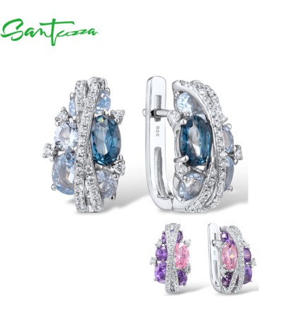 SANTUZZA 925 Sterling Silver Earrings Blue Cubic Zirconia Jewelry - Blue Stones