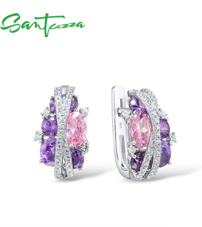 SANTUZZA 925 Sterling Silver Earrings Blue Cubic Zirconia Jewelry - Pink and Red Stones