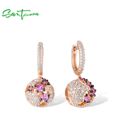 SANTUZZA 925 Sterling Silver Drop Earrings Shiny Created Pink Sapphire White CZ Ball Fine Jewelry