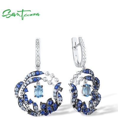 SANTUZZA 925 Sterling Silver Drop Earrings Blue Gems White CZ Round Flower Earrings Jewelry