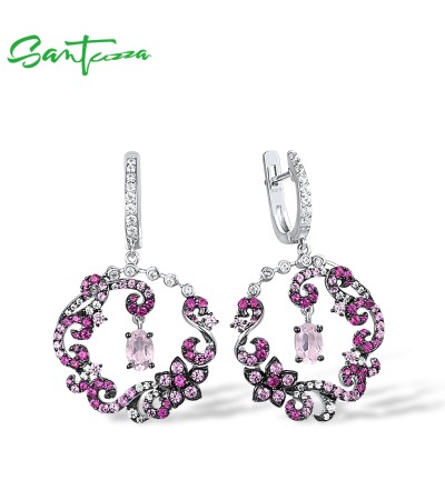 SANTUZZA 925 Sterling Silver Drop Earrings Red Pink Stones White CZ Round Flower Earrings Jewelry