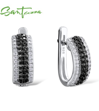 SANTUZZA 925 Sterling Silver Stud Earrings Round Black Stones Fine Jewelry