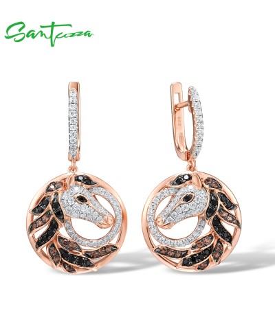 SANTUZZA 925 Sterling Silver Earrings Rose Gold Color Black Brown Horse Fine Jewelry